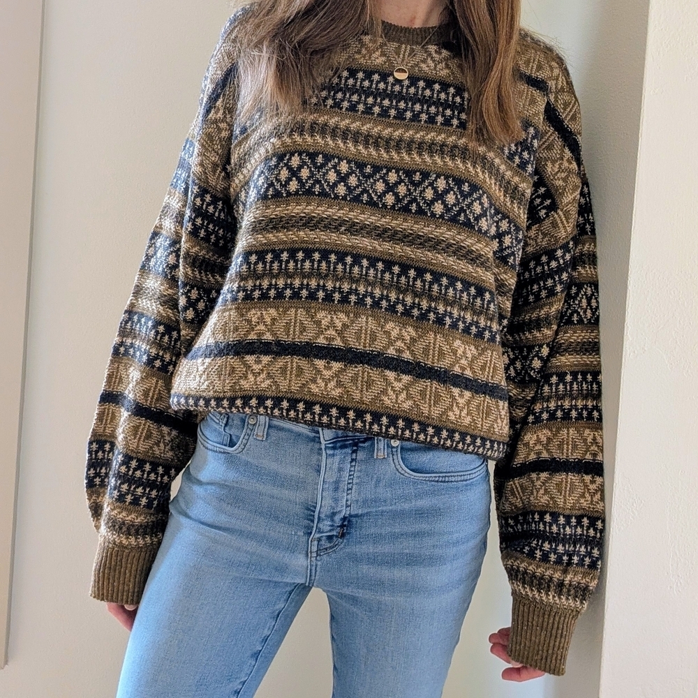 Vintage Abstract Geometric Crewneck Sweater In Blue/Brown